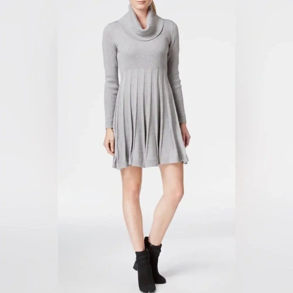 Calvin Klein Grey Cowl Neck Flare Shimmering Metallic Silver Sweater Dress Sz L